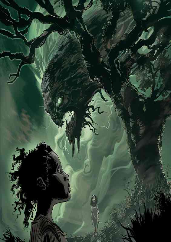 Young girl is standing under the tree with her head
