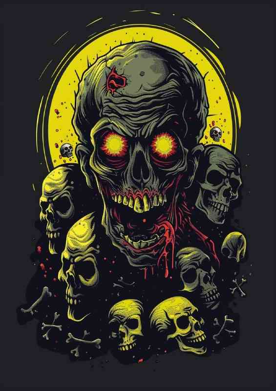 Zombie with yellow eyes skulls and bones