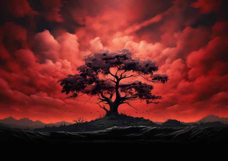 Red sky at night with Tree silouhet
