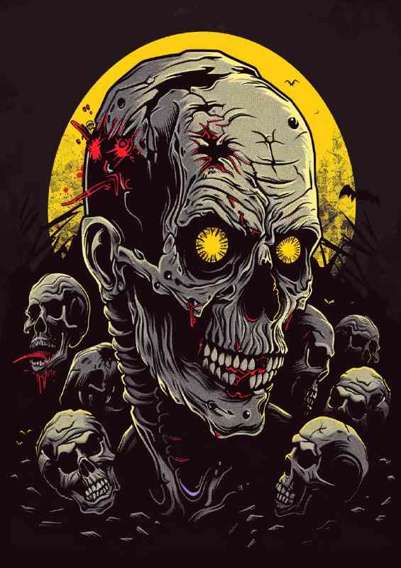 Zombie with yellow eyes skulls and bones around him