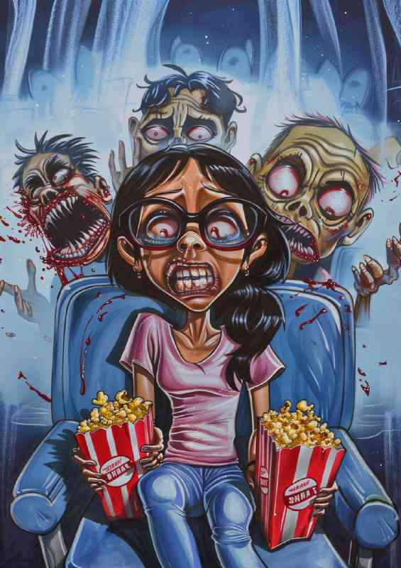 caricature woman at the movies with zombies