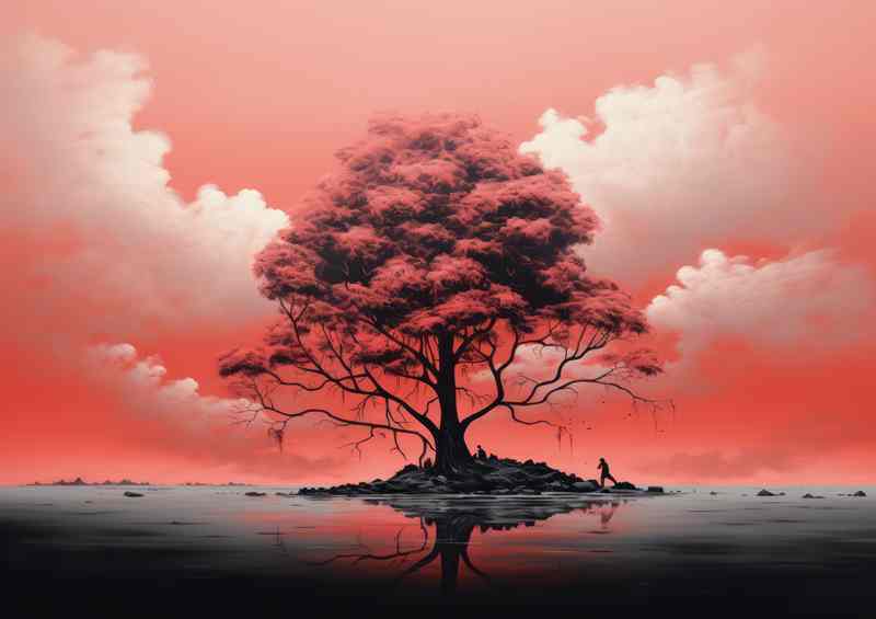 Single lonely tree with red sky and white clouds
