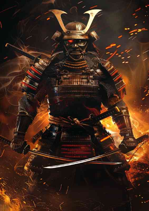 Majestic Samurai in full armor holding two sword fire backgrounds