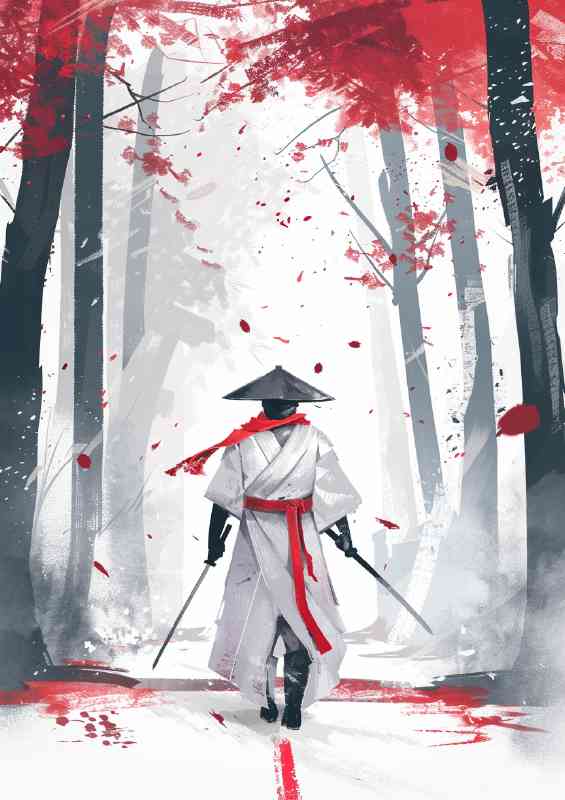 Samurai in white kimono with blossom trees
