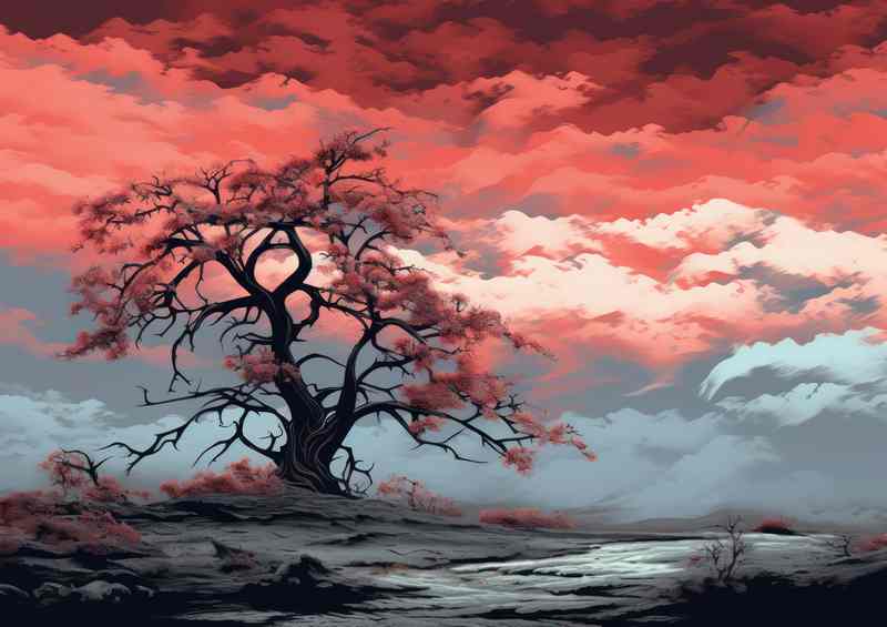 Single treewith red sky and evening drawing close