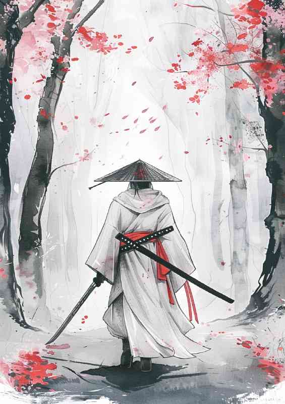 Samurai in white kimono with trees in woods