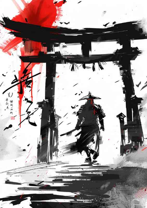 Samurai walking under the torii gate an ink painting