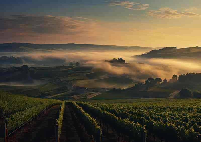 Enchanting Foggy Vineyards and Turbines Scene