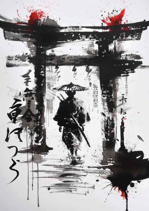 Samurai walking under the torii gate poster art
