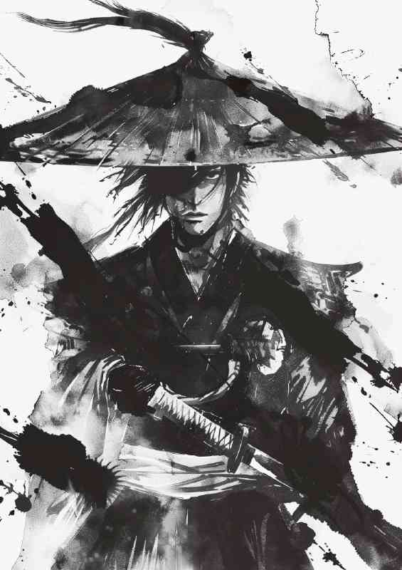 Young Samurai with dark hair and sword