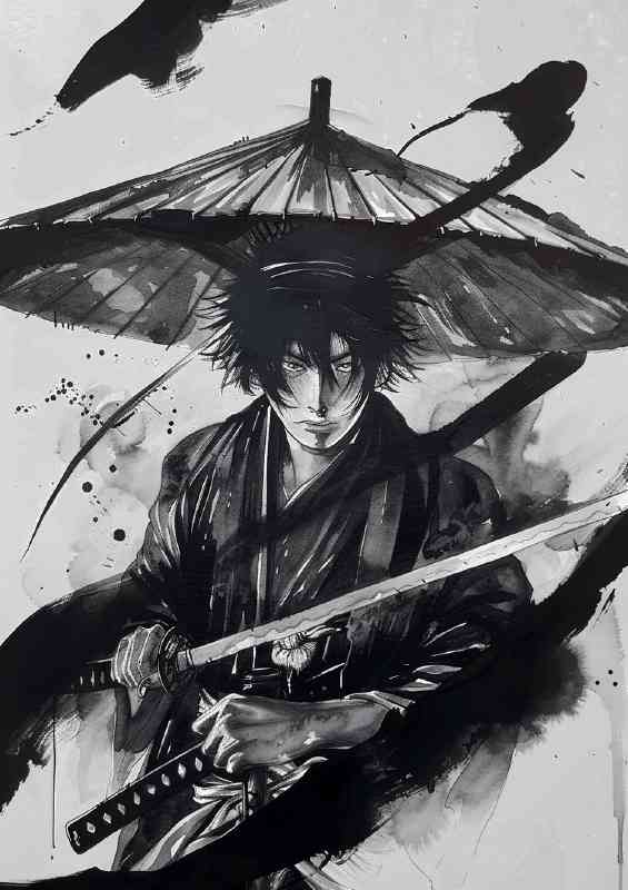 Young Samurai with dark hair and wearing an umbrella