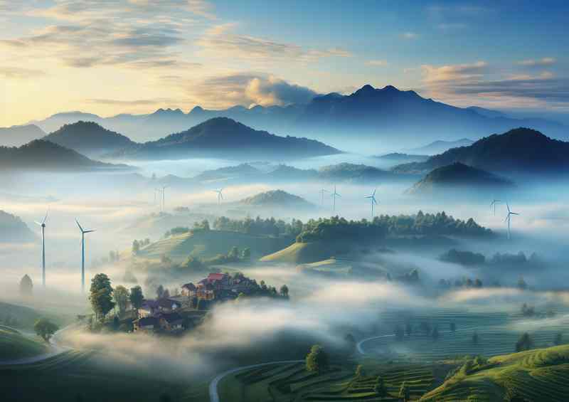 Morning Fog Scene of Vineyards Turbines