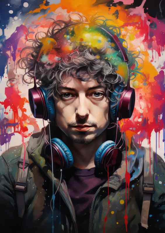 Bob dylan with headphones and colorful splatter