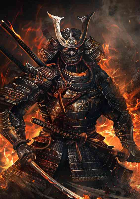 majestic Samurai in full armor holding two swords poster art Flas