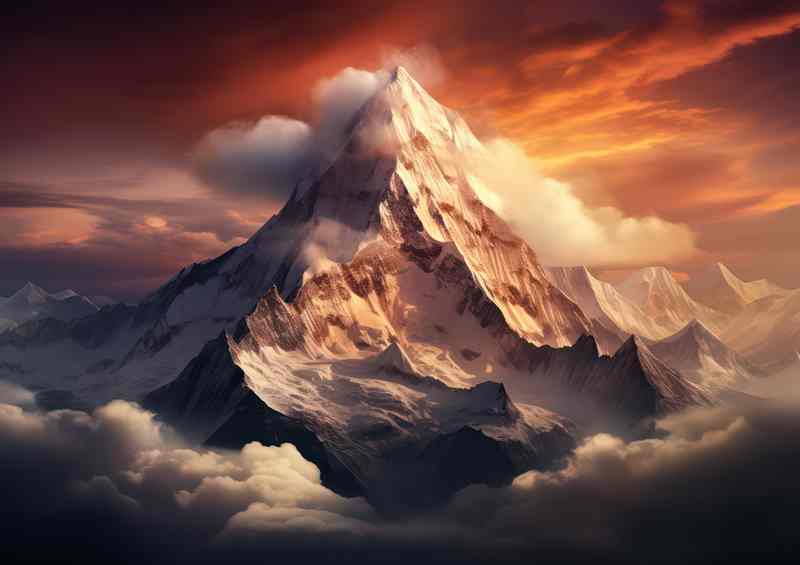 Mountain Top With Amazing Red Fire Sky