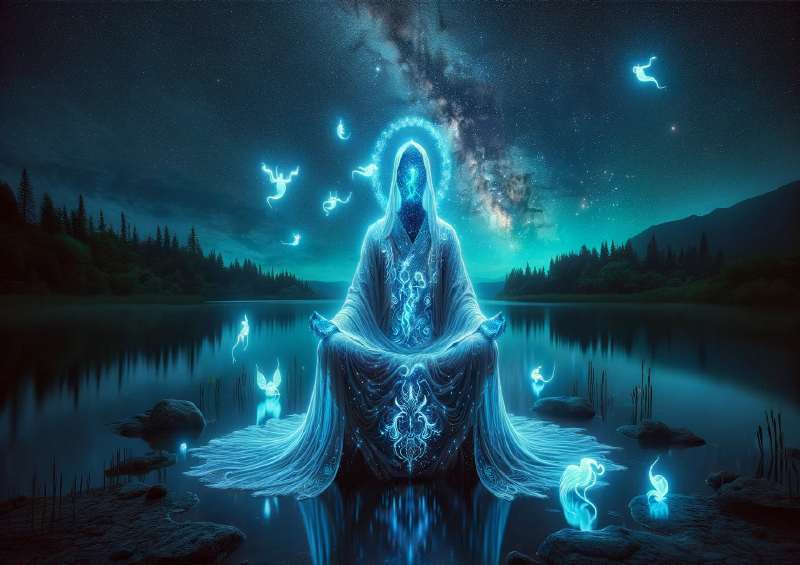 Spirit guardian draped in flowing robes celestial patterns