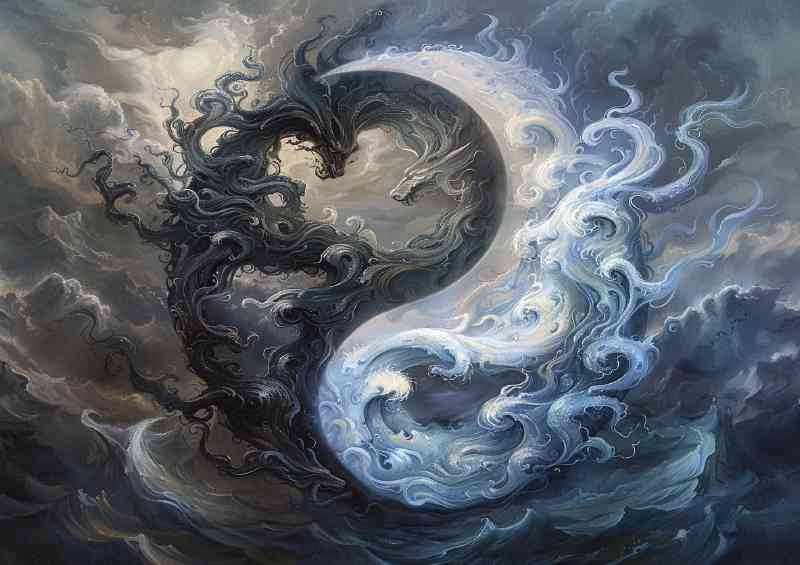 Yin yang symbol black and white swirly coluds