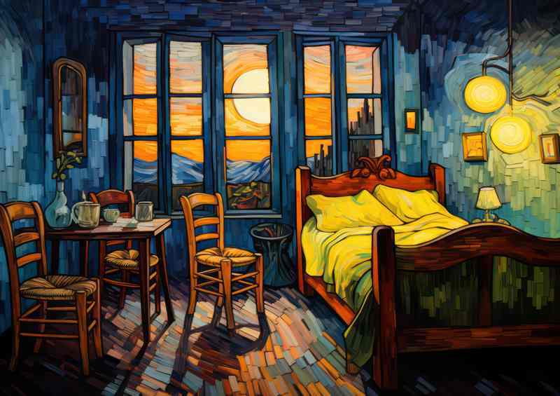 A Painting that shows a bed and chairs in