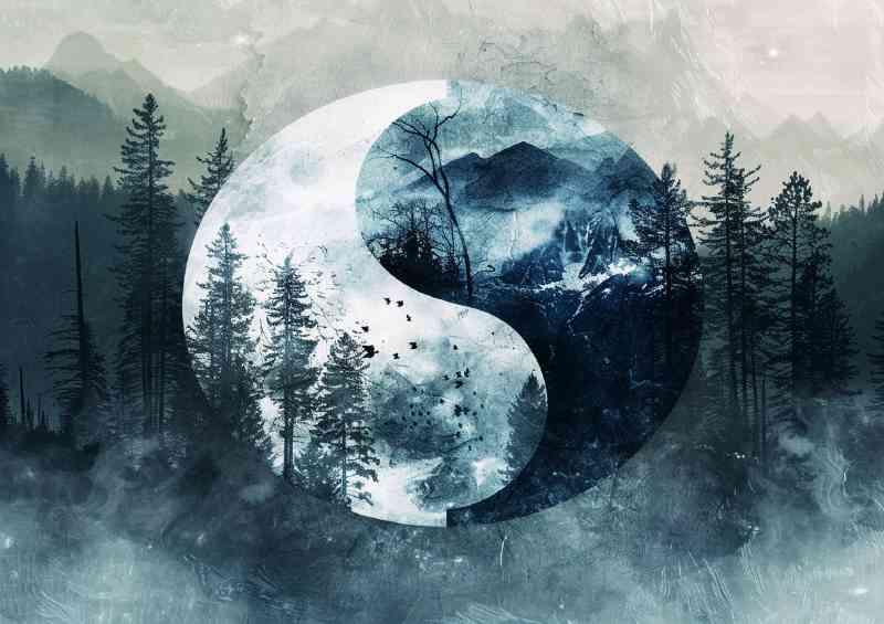 Yin yang symbol with mountains and trees