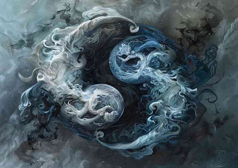 Yin yang symbol with swirls of clouds