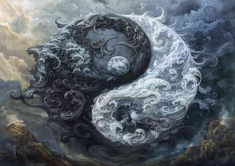 Yin yang symbol with swirly clouds