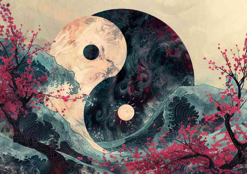 Yin yang symbol with trees and waves