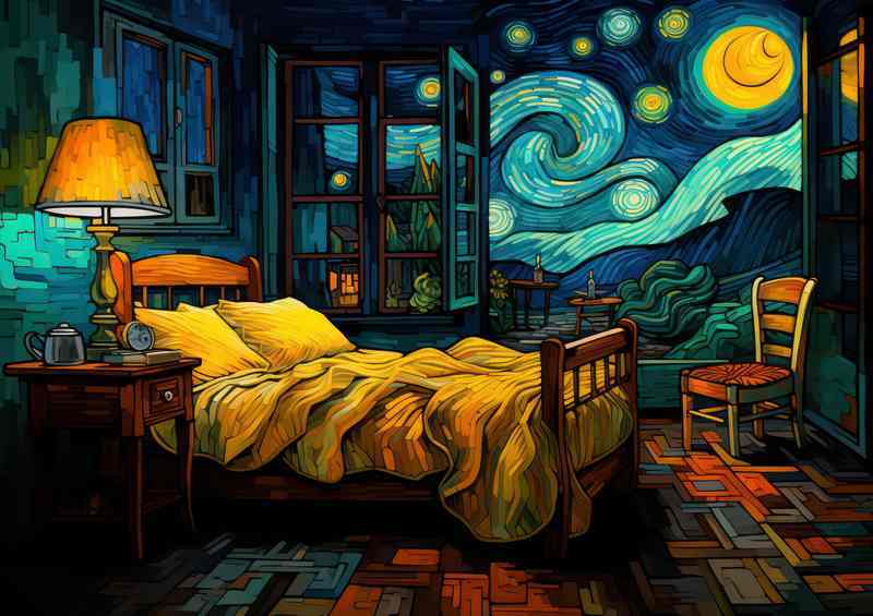 Bed and chair in a painted style with a starry night