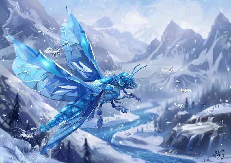 A blue ice bee with crystal wings flying over an icy mountain | Metal Poster