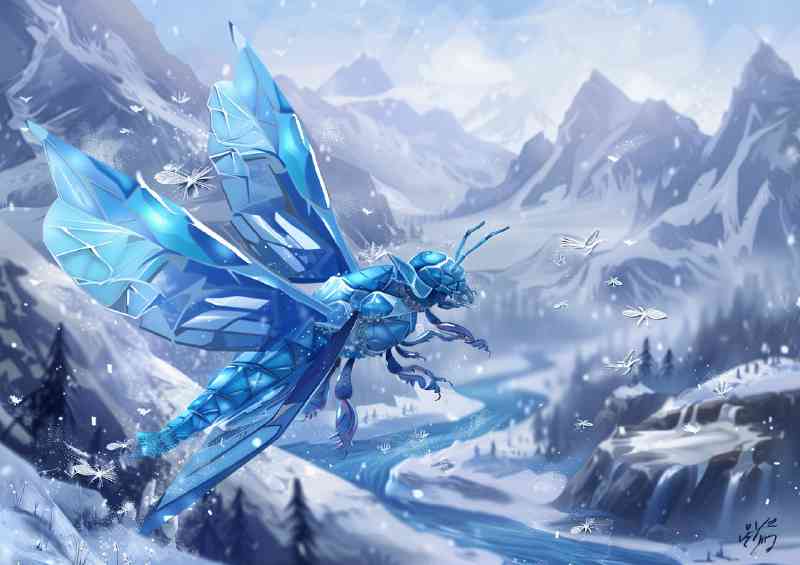 A blue ice bee with crystal wings flying over an icy mountain