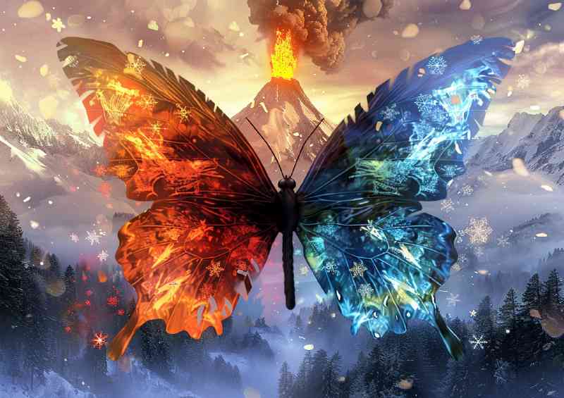 Beautiful Butterfly with wings made of fire and ice