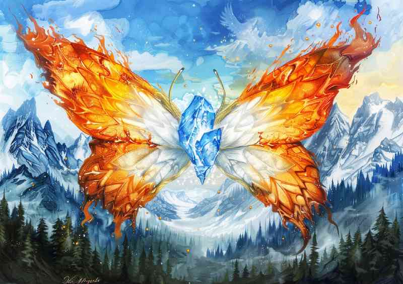 Butterfly with wings made of fire and ice flying