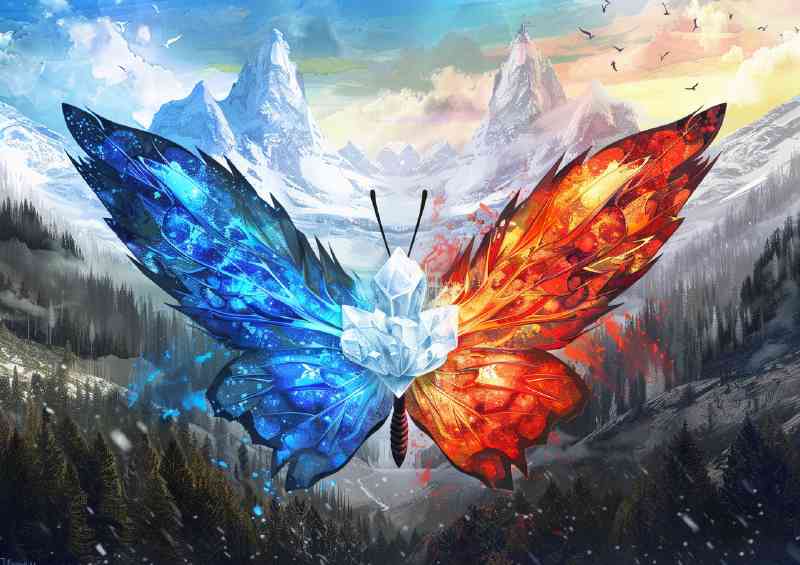 Butterfly with wings made of fire and ice mountains