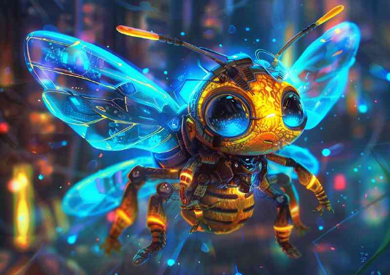 Full body symmetrical shot of bee with blue wings
