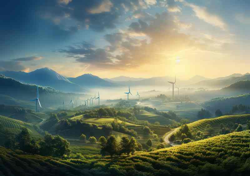 Picturesque Misty Morning Vineyards and Turbines