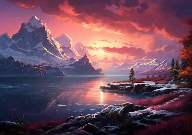 Pink and Purple Mountains Flowing River