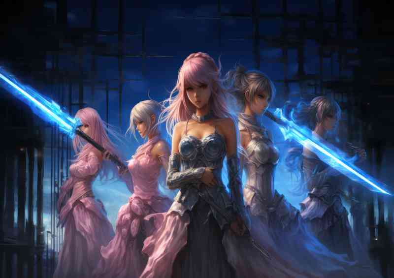 Five anime girls are holding swords