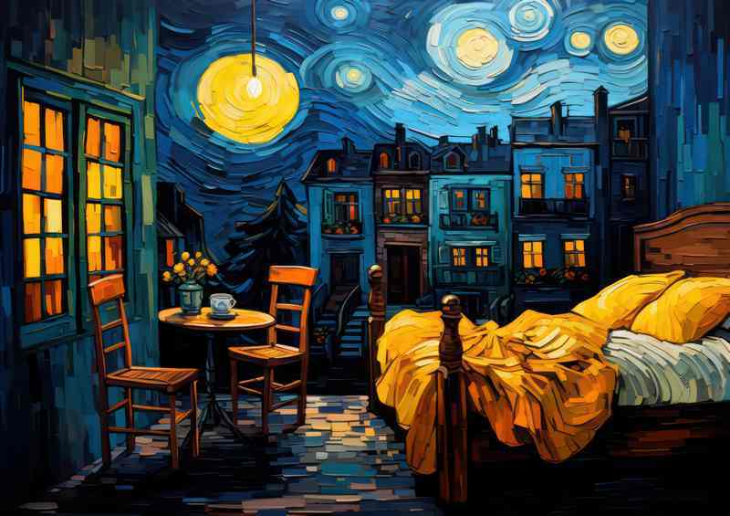 Painting style starry night and a bedroom