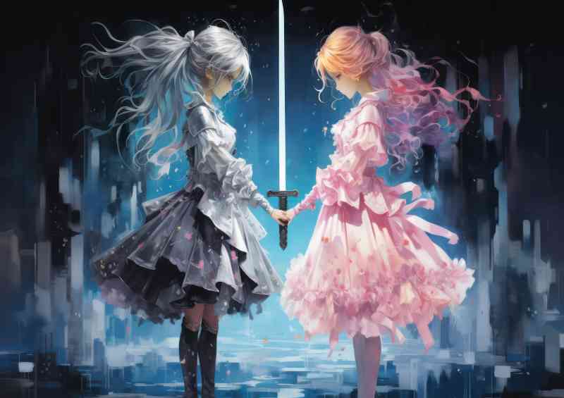Two anime girls holding sword