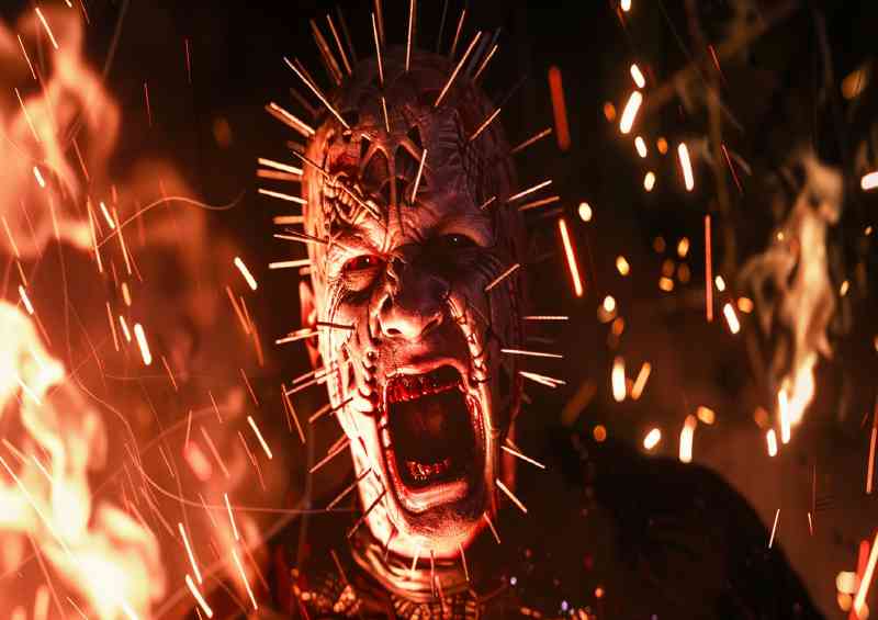 Cinematic movie poster of Hellraisers pinhead screaming