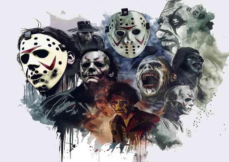 Collage of horror movie characters watercolour style | Metal Poster