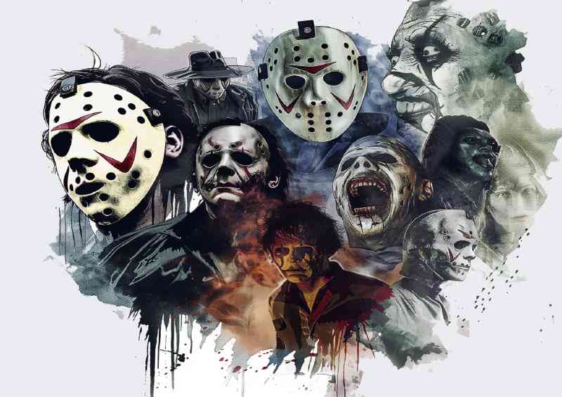 Collage of horror movie characters watercolour style