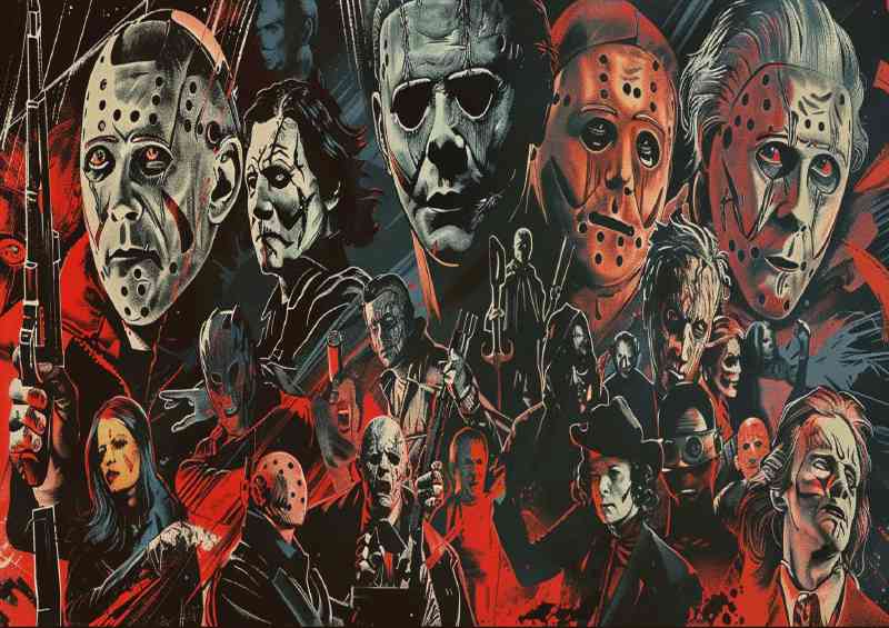 Collage of the most famous horror movie characters villans | Metal Poster