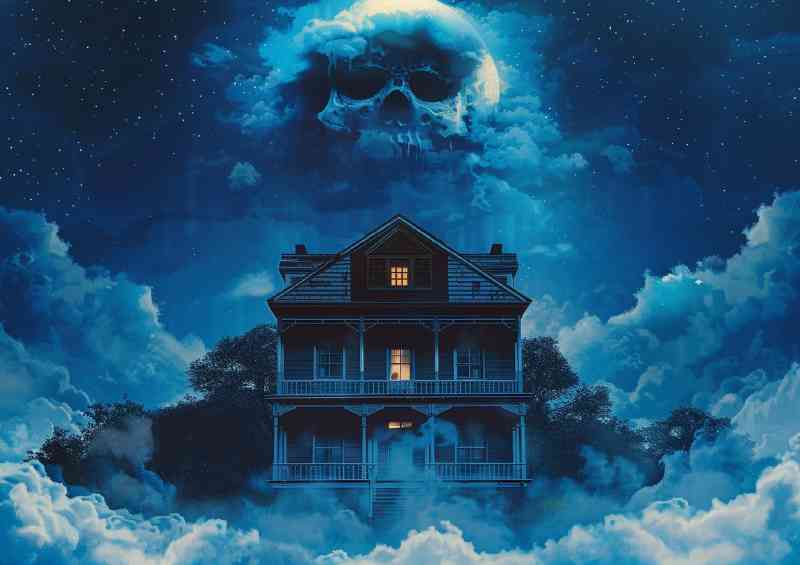 House surrounded by fog with the face of an evil