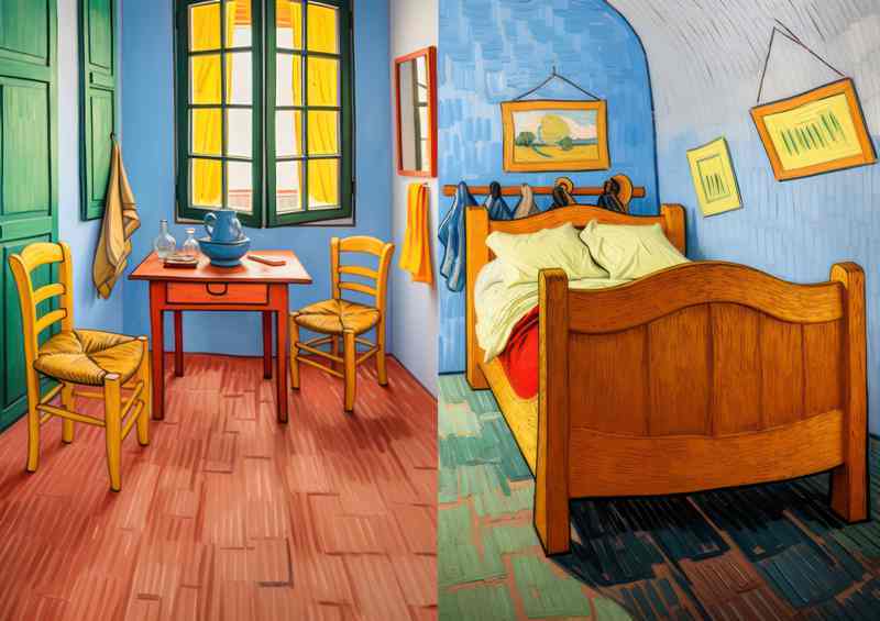bedroom with a desk in a painted style