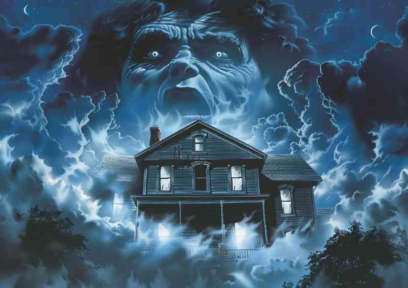 House surrounded by fog with the face of an evil ghost