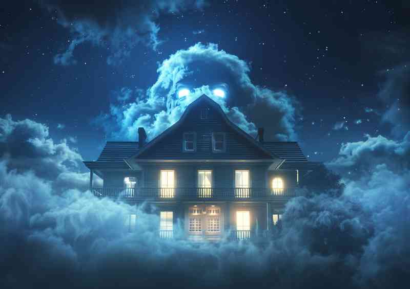 House with an evil face made of fog night sky