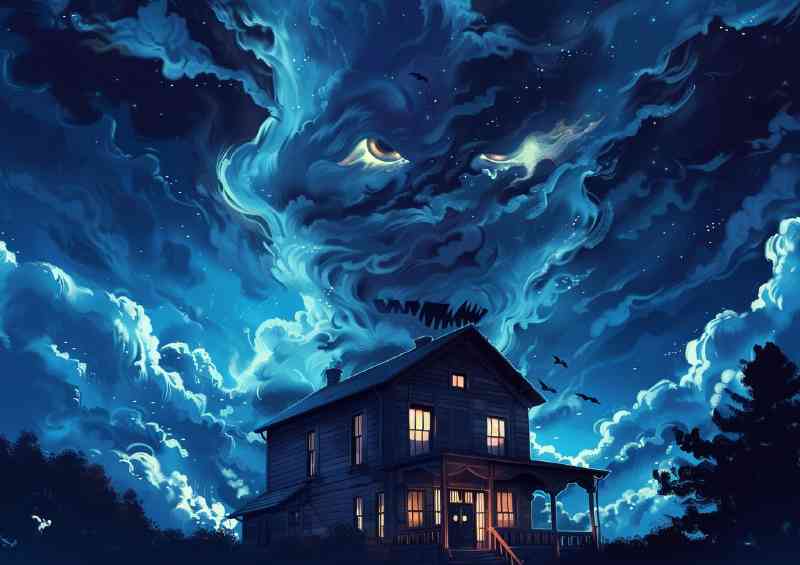 House with an evil ghost face made of clouds