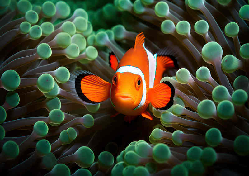 Clownfish hiding under an anemone with a green ring