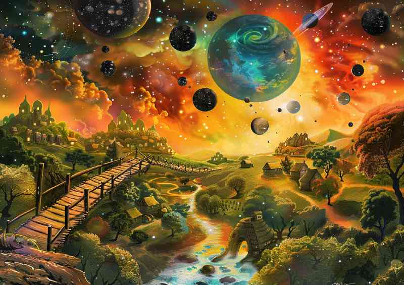 Beautiful fantasy landscape with many planets and stars