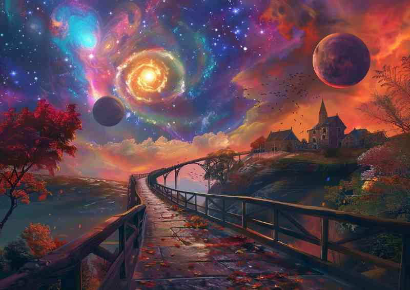 Bridge leading to an otherworldly planet surrounded